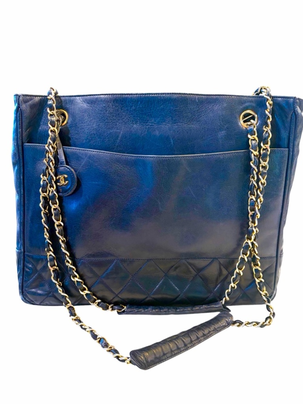 Chanel Navy Blue Lambskin Quilted Gold Chain Tote Bag made in France Authentic